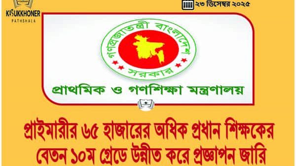 প্রাইমারীর ৬৫ হাজারের অধিক প্রধান শিক্ষকের বেতন ১০ম গ্রেডে উন্নীত করে প্রজ্ঞাপন জারি